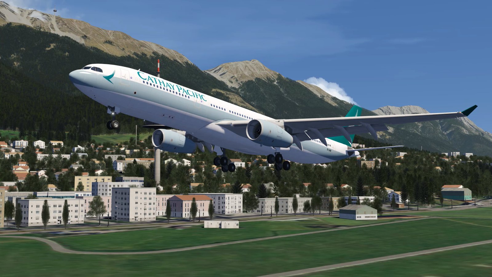 An A330-300 in Cathay Pacific colours climbing away from the runway