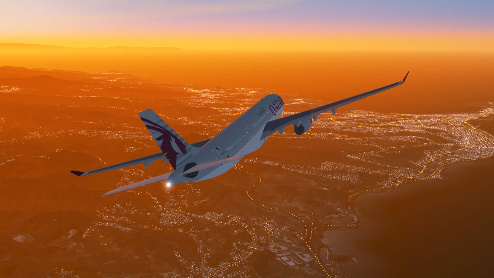 An A330-300 in Qatar Airways colours over the coast at sunset