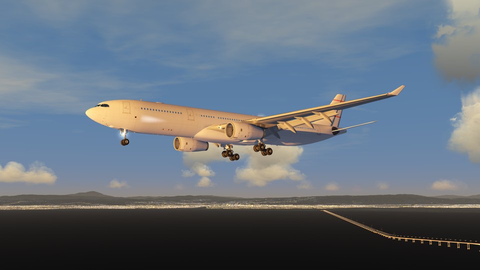 Short final over the bay at sunset