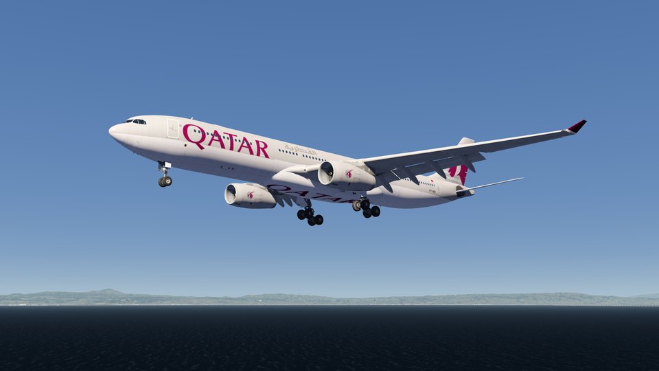 Qatar Airways over the water on final
